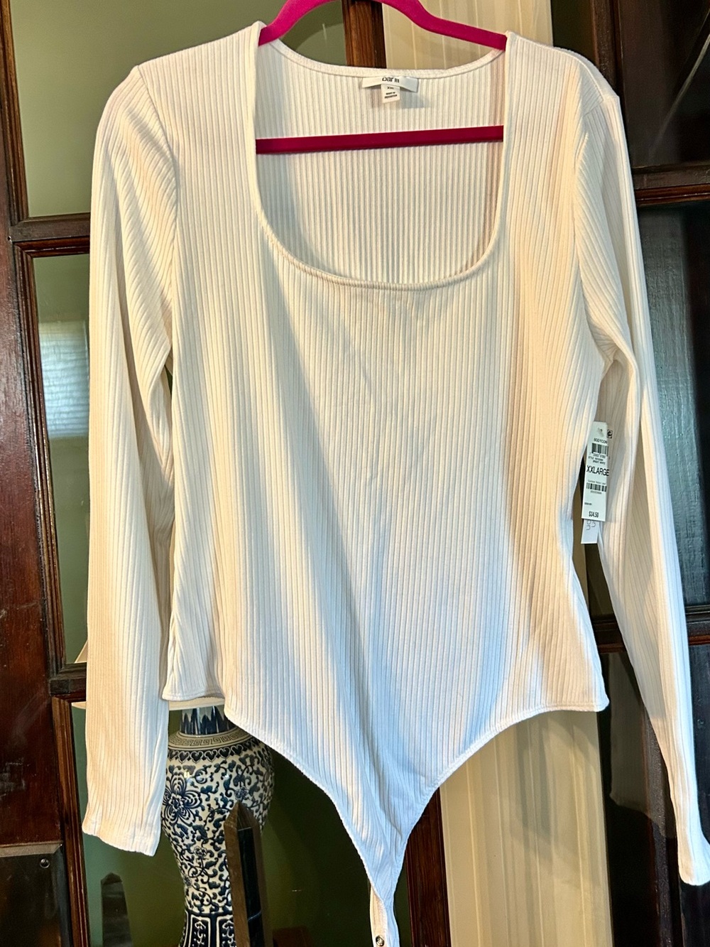 Bar III Cream Ribbed Long-Sleeve Scoop Neck Bodysuit